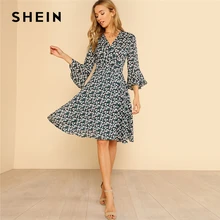 Шеин Flare Sleeve Surplice Обёрточная бумага платье с цветочным рисунком Для женщин V Средства ухода за кожей Шеи 3/4 рукав Высокая Талия поясом плиссированное платье 2018 элегантные короткое платье;