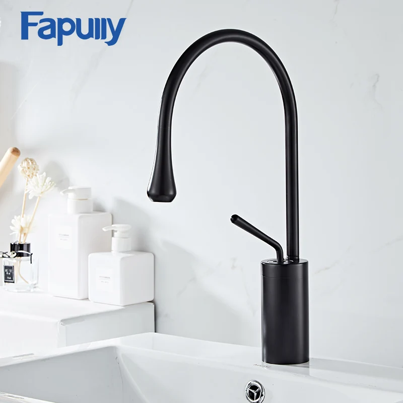 

Fapully New Design Matte Black Basin Faucets Outfall Tap Hot and Cold Tap for Bathroom Sink Deck Mounted Water Mixer Crane 1067