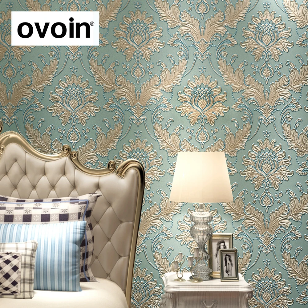 European Beige Blue Textured Damask Pattern Style Non woven Wall Paper