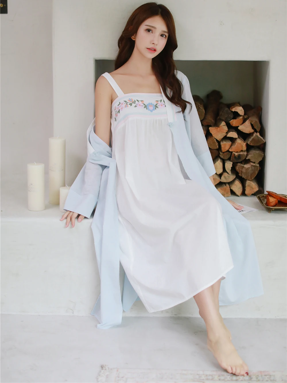 Mulheres do Vintage Conjuntos de Robe e Vestido Ocasional das Senhoras Primavera Outono Puro Algodão Princesa Dormirwear Mulheres Noite Wear Pijamas Retro 8097 1 Pijamas e Moda Íntima