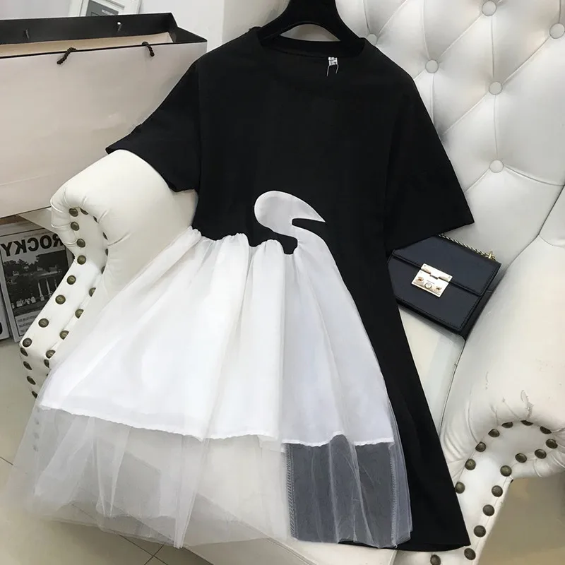 2018 Harajuku Short Sleeve Irregular Casual Dress Girls Black White Swan Patchwork Mesh T-shirt Dress Dresses