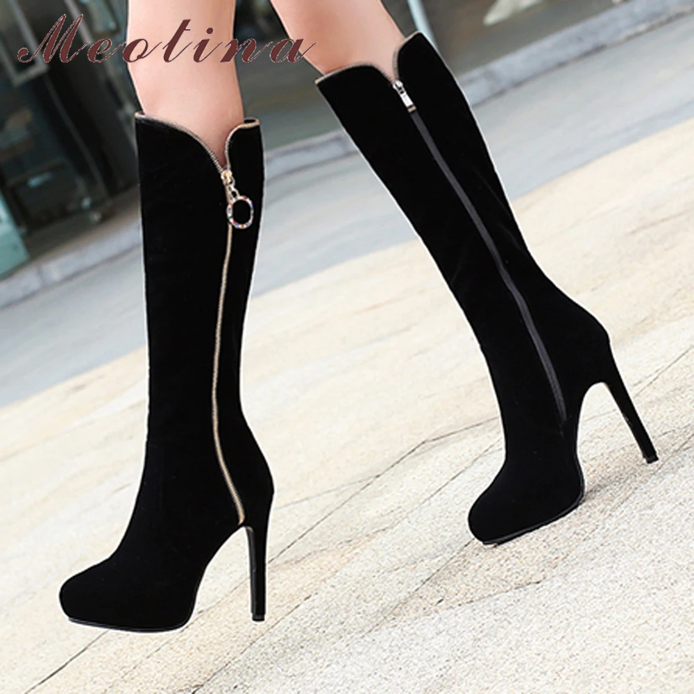 Beste Meotina Winter Knie Hoge Laarzen Vrouwen Platform Hoge Hakken Laarzen Rits Dames Lange Laarzen Dunne Hak Schoenen Zwart Schoeisel 33 43