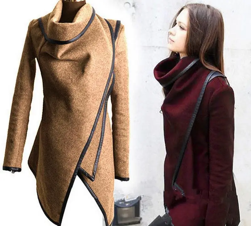 

Women Basic Coats New Fashion Women autumn Winte Outerwear Woolen Coats Overcoat Cross Irregular Zipper Long Sleeve Slim Jackets