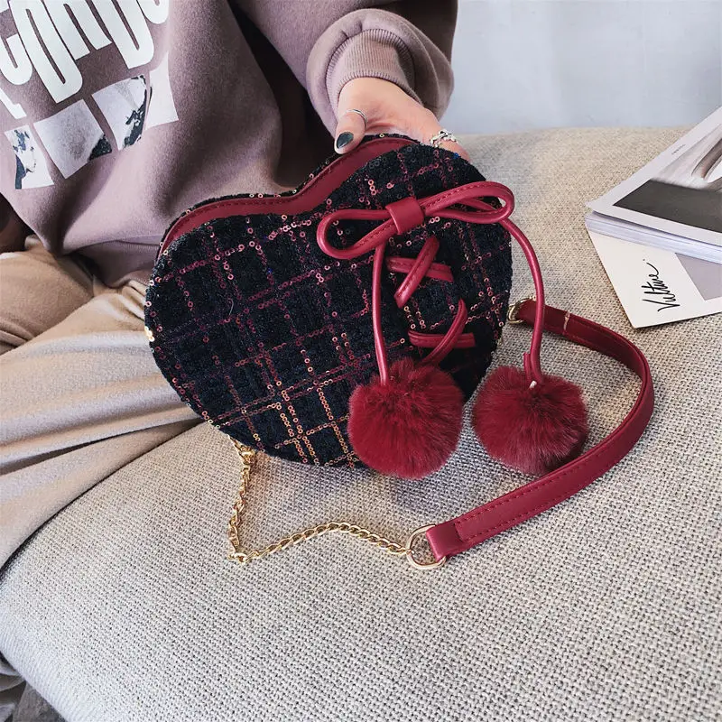 

Youbroer Check Love Small Bag Chain Single Shoulder Crossbody Bag Plaid Wool Heart