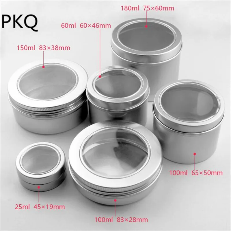 

50pcs 25ml/60ml/100ml Aluminum Jars with clear window Empty Cosmetic Metal aluminum Tin Containers Sample Packaging Cans Box