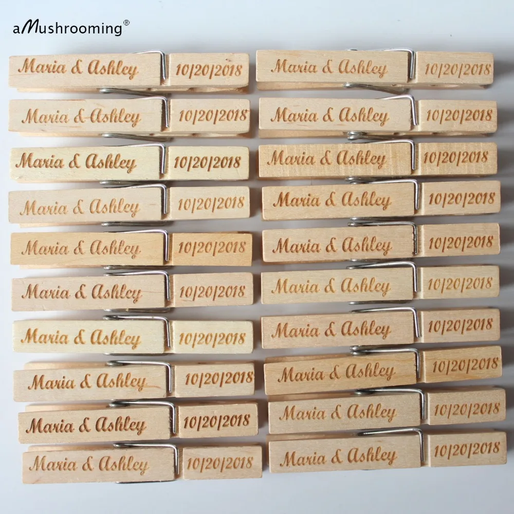 

First Names and Date Personalized Wooden Place Card Holder or Place Setter, Clothespins Name Badge Name Card Holder Rustic Theme