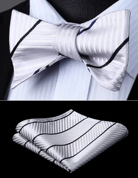 

Bow Tie handkerchief set Men Woven Party Wedding White Black Striped Self Bow Tie Pocket Square Set#BS913WS