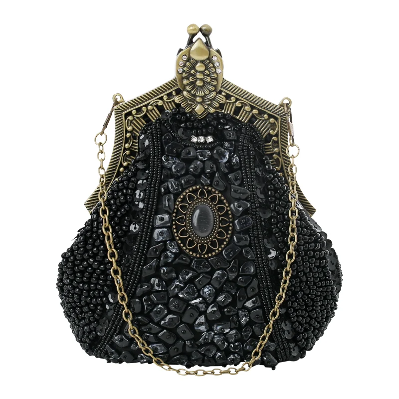 1920s стильные женские вечерние кошельки-клатчи, черные, украшенные бисером, с верхним каркасом, Хлопушка, кошелек в винтажном стиле, украшенный бриллиантами и блестками, вечерняя сумочка