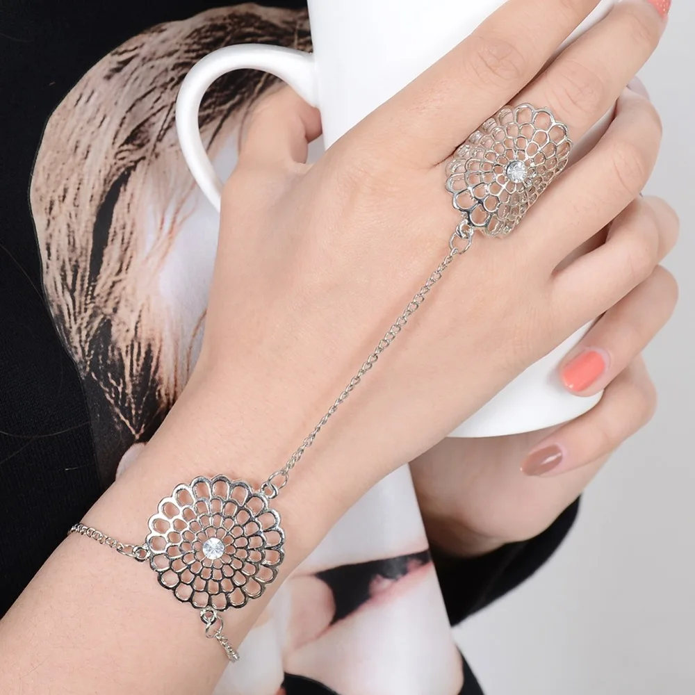 

2 Colors Crystal Flower Retro Ring With Adjustable Bangle For Charm Women Party Fashion Jewelry Accessories