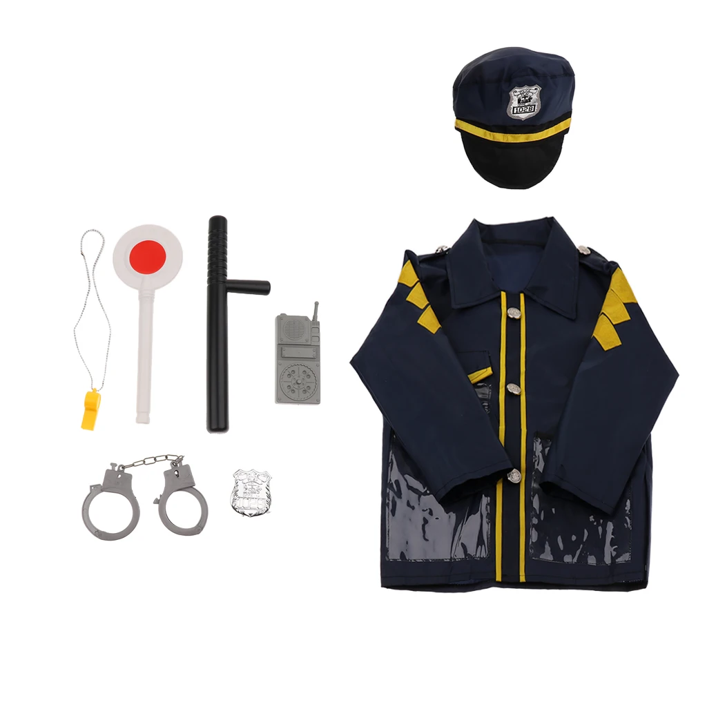 9pcs Pretend Police Officer Toy Outfit Clothes Megaphone with Siren Sounds for Fancy Dress Role Playing - Walkie-talkie Hat Accs