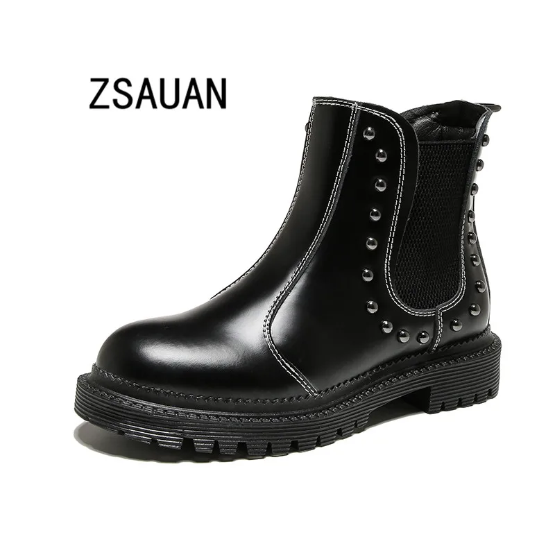 

ZSAUAN Fashion Rivet Women Chelsea Boots Round Toe Split Leather Sewing Female Short Ankle Boots Black Red 2019 Platform Boots