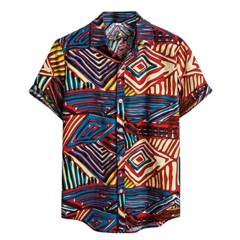 

2019 Men Blouse Mens Ethnic Short Sleeve Casual Cotton Linen Printing Hawaiian Shirt Blouse S-2XL Hauts pour hommes Plus Size
