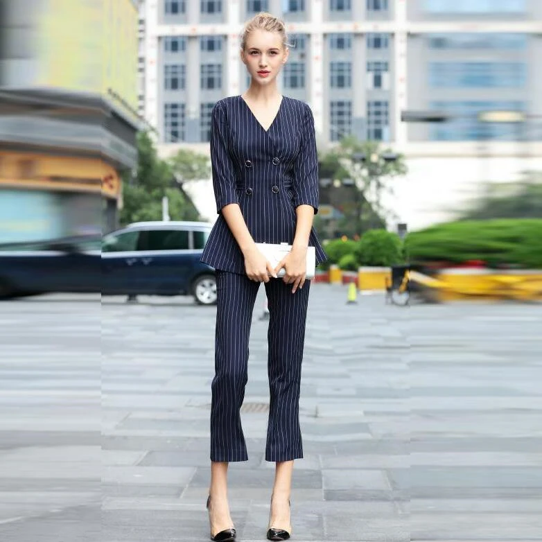 

Autumn Ankle Length Pant Suits 2 Piece Set for Women 2018 V Neck Striped Blazer Jacket & Trouser Office Lady Suit Feminino