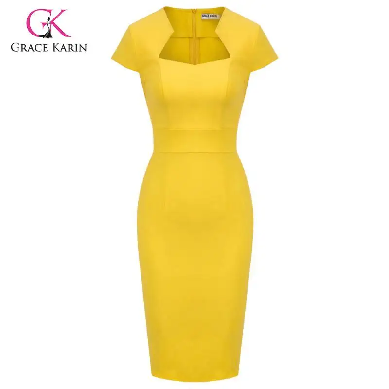 Grace Karin Women Retro Vintage Bodycon Pencil Dress Cap Sleeve High Stretchy Slim Fit Dresses Lady Solid Work Office Dress