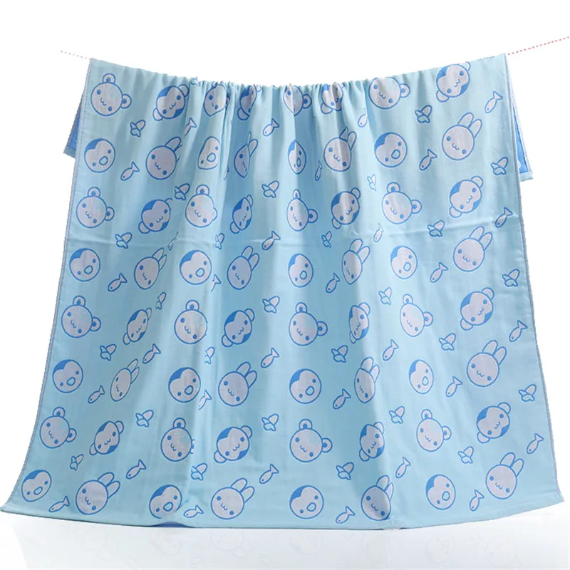 Blue Cartoon Muslin Blanket Baby Swaddle Three Layer Gauze Newborn Nap