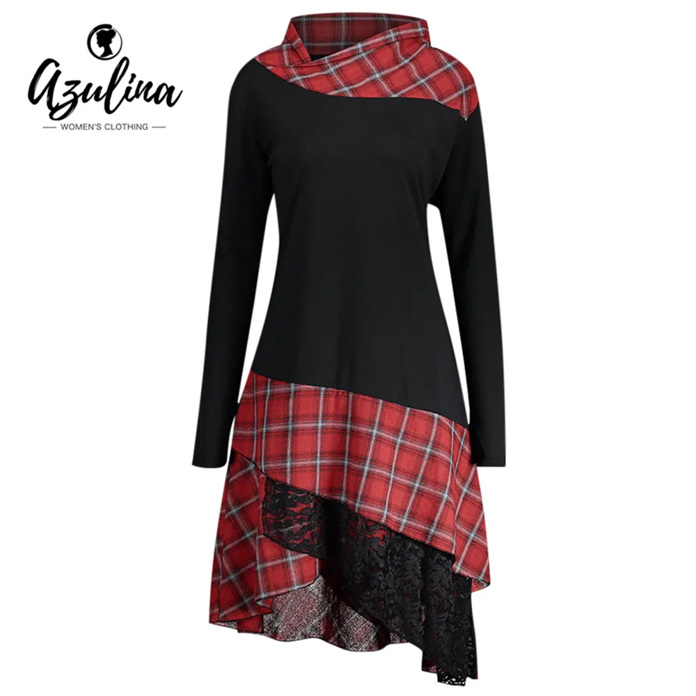 

Rosegal Plus Size Plaid Spliced Lace Women Dress Casual Straight Stand Collar Long Sleeve Dress Female Vestido 2018 Fall Dresses