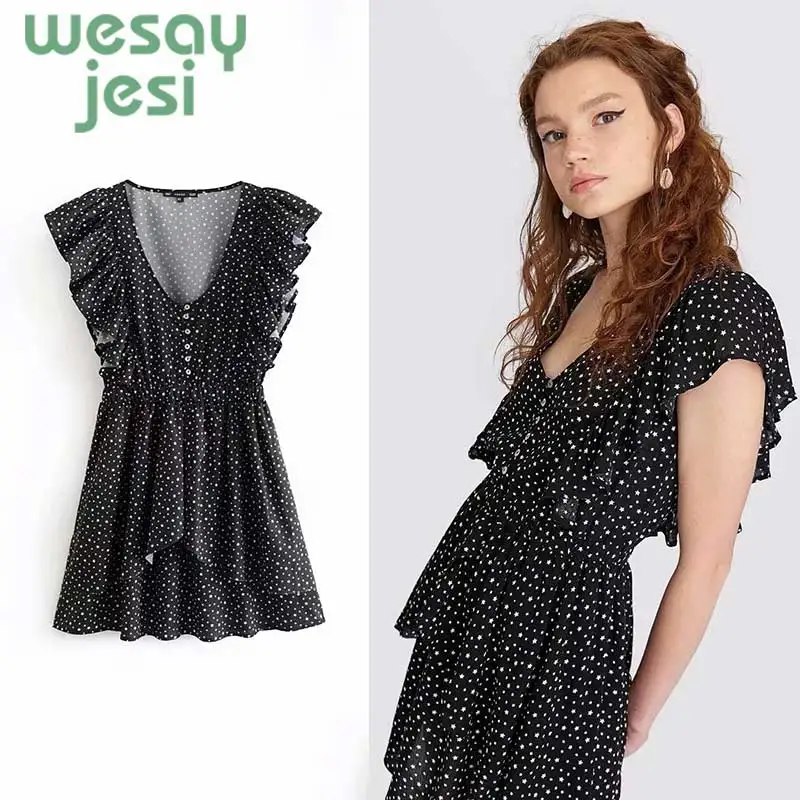 

2019 women dresses fashion v-neck sleeveless mini dress black star printing Elegant Female spring summer dress new