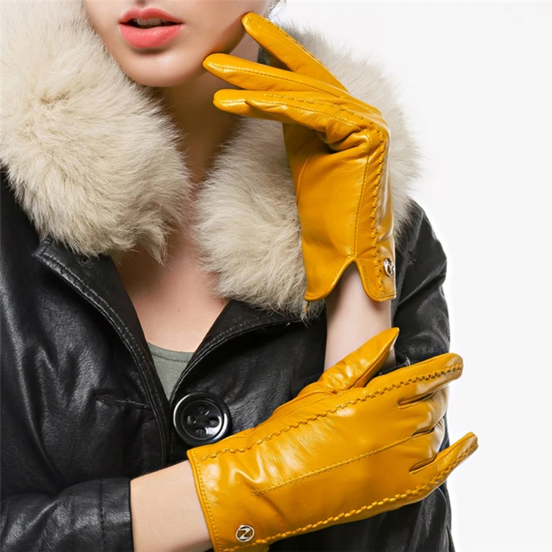 

Fashion Elegant Women Genuine Leather Gloves High Quality Autumn Nappa Sheepskin Plus Velvet Female Driving Gloves Free Shipping