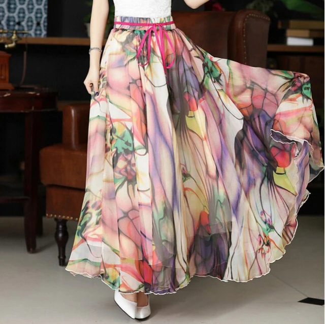 2015 High Quality 18 Color Floral Print Silk Long Chiffon Skirts
