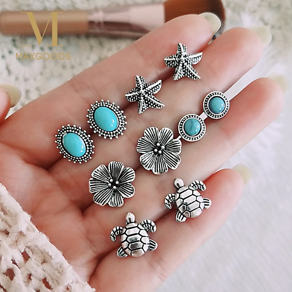 

Vintage Antique Silver Earring Set for Women Geometric Flower White Black Rhinestone Pericing Stud Earrings Statement Jewelry