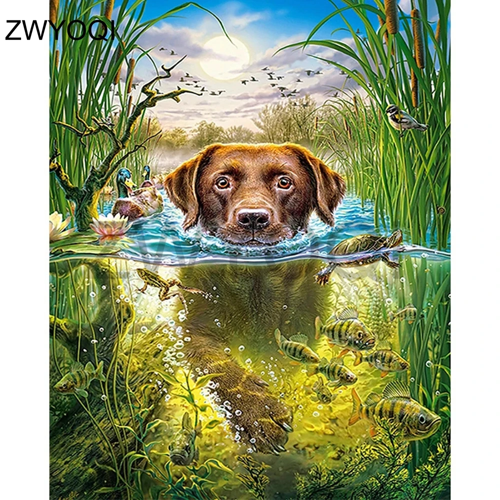 Full Round Diamond mosaic dog fish 5D DIY painting Square embroidery Cross stitch doggy Swim plant | Дом и сад