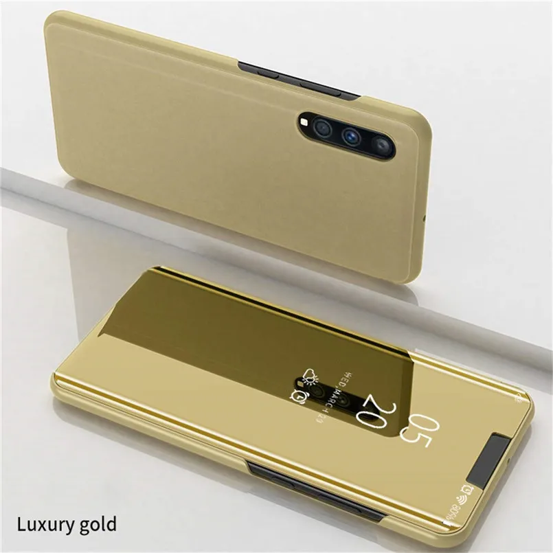 Роскошное умное зеркало флип чехол для телефона для samsung Galaxy A10 A20 A30 A40 A50 A60 A70 M10 M20 M30 M40 кожаный чехол подставка протектор - Color: Gold