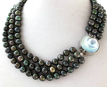 

free shipping $wholesale_jewelry_wig$ 3 Strands Black Peacock Round Freshwater Pearl Necklace Mabe Blister Pearl Clasp