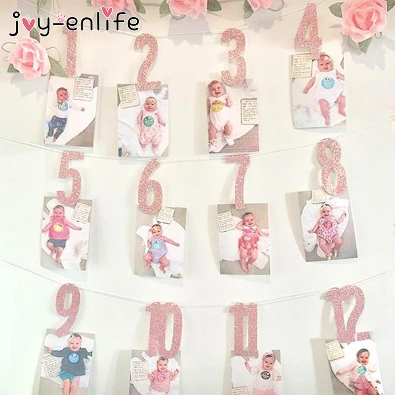 

JOY-ENLIFE 1Set 1-12 Months Gold/Pink Number Banners Baby Shower Birthday Party Garlands Banners Buntings Kids Photo Props Decor