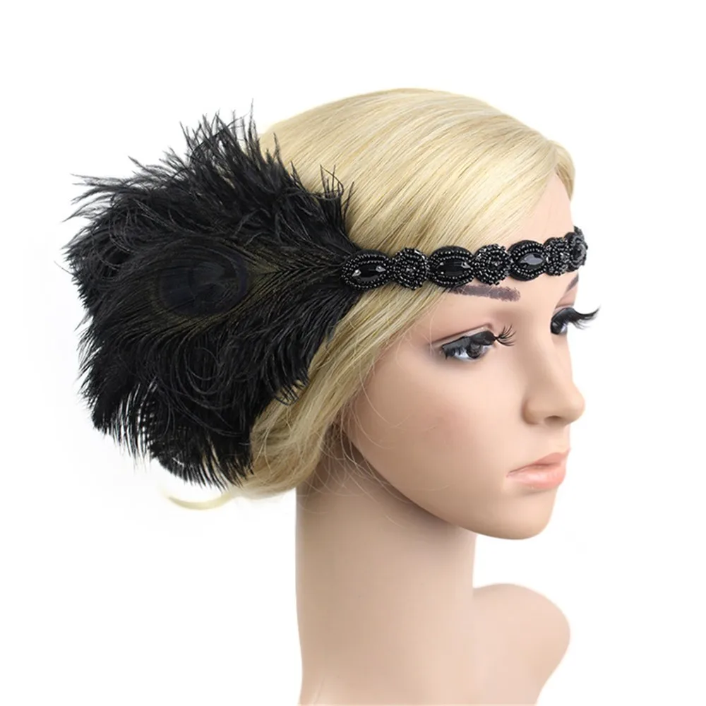 Мода 1920 s головной убор перо обруч с завязкой большой Гэтсби головной убор старинные резинки для волос аколки для волос Z5