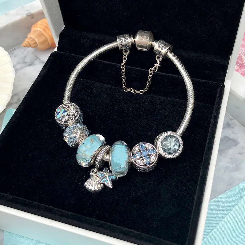 

2019 Hot 925 Sterling Silver Bracelet Shell Starfish Mint Green Beads Fits Charm Bracelet DIY Women Jewelry Gift