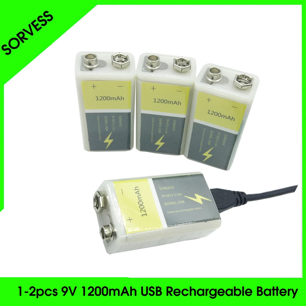 Перезаряжаемый литий-ионный аккумулятор SORVESS 9В 6F22 с USB 1200 мАч элемент для