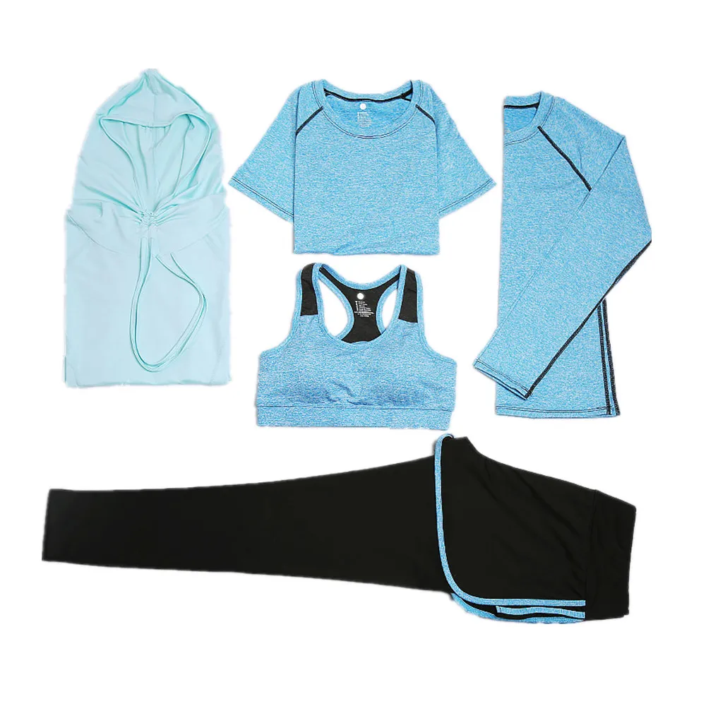 

KARYZON 2017 Jogging Suits for Women Yoga Set Winter Sport Fitness Clothes 5 PCS Set Push Up Bra Hooded Tops Quick Dry Leggings