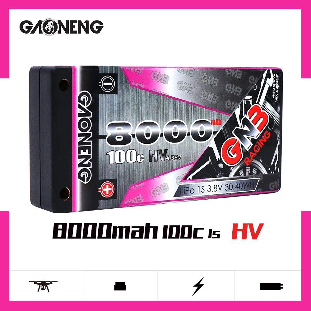 Gaoneng GNB 8000mAh 1S 3.8V HV 100C/200C Hardcase LiPo Battery 4.0 Bullet Plug for RC HPI HSP 1/8 1/10 Buggy RC Car Truck