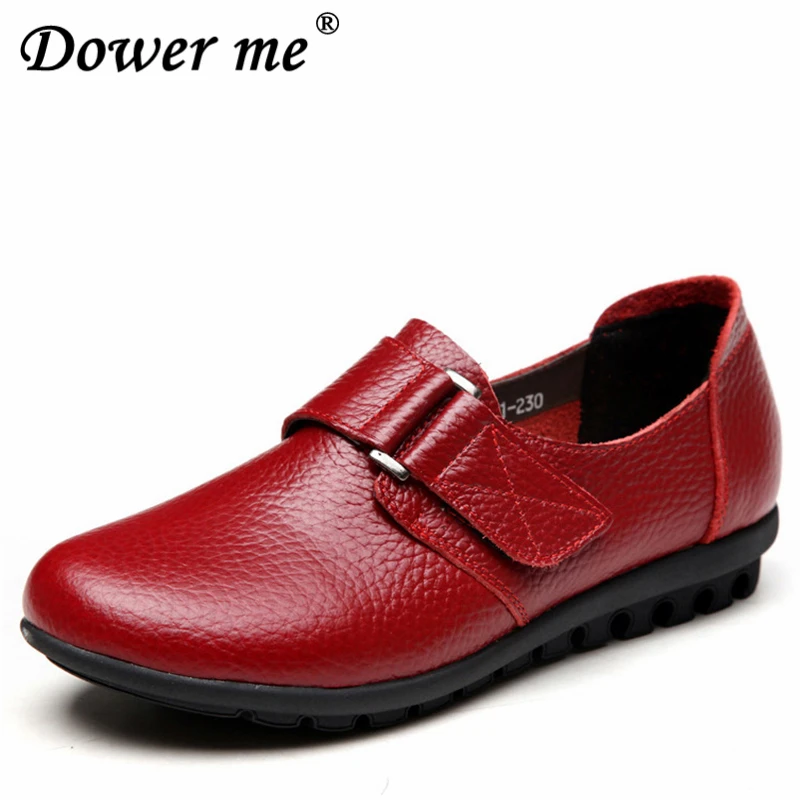 

2018 Female Fashion Platform Office Autumn Footwear Women Flat Slip-On Genuine Leather Hook Loop Casual Large size 43 Mom Shoes