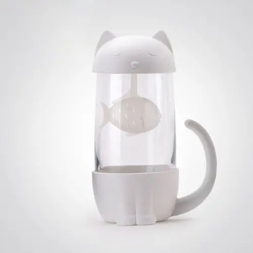 Stylish Hot Sale Lovely Glass Cup Tea Cat with Fish Filter Strainer Glass Cup Tea Infuser Filter Mug Home Office Container Gift