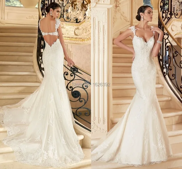 2015 cordón de la sirena vestidos correas espaguetis escote espalda