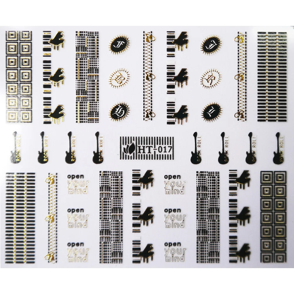 1х самоклеющиеся черные, белые, золотые, серебряные металлические наклейки для дизайна ногтей, слайдер, кружевная шахматная доска, цепочка, гитара, пианино, HT16-18