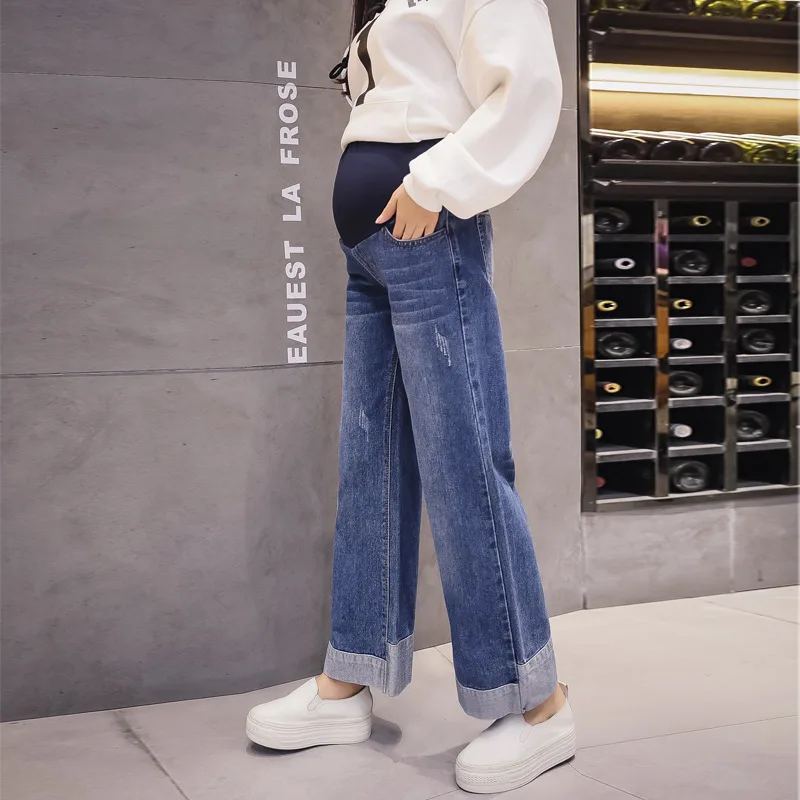 

Pregnant Women Fashion Blue Jeans Long Legging Denim Pants Trousers Spring Pregnancy Belly Long Denim Maternity Loose Jeans