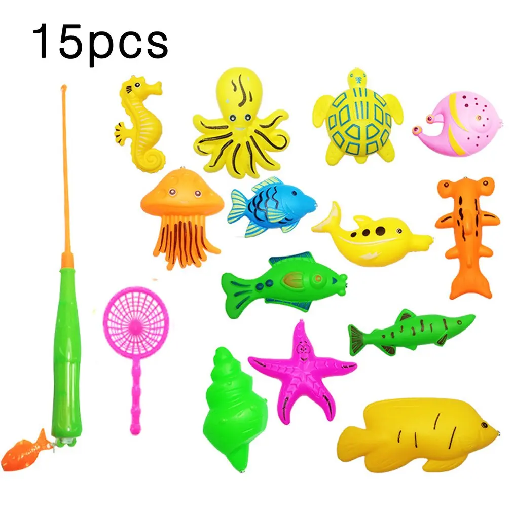 15/27Pcs Set Plastic Magnetic Fishing Toys Baby Bath Toy Fishing Game Kids 1 Poles 1 Nets 13 Magnet Fish Indoor Outdoor Fun Baby - Color: 15pcs