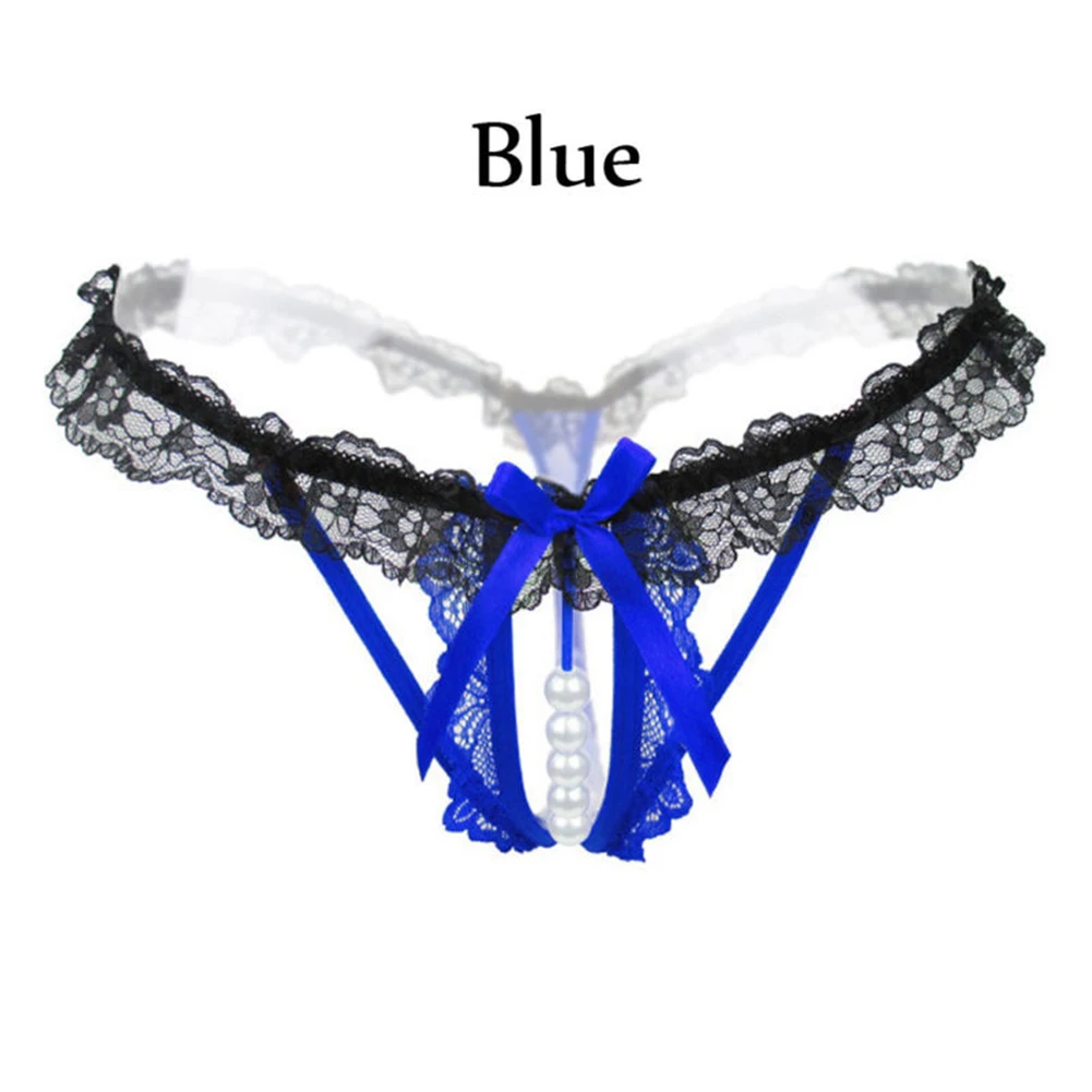 Сексуальные женские трусики-стринги с кружевным бантом и искусственным жемчугом - Цвет: Синий