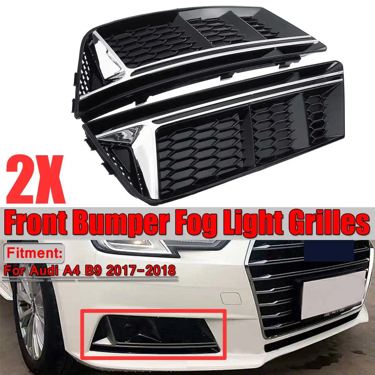 

A Pair Car Front Bumper Fog Light Grille Grill For Audi A4 B9 2017 2018 Car Fog Light Lamp Cover Honeycomb Mesh Hex Side Grille