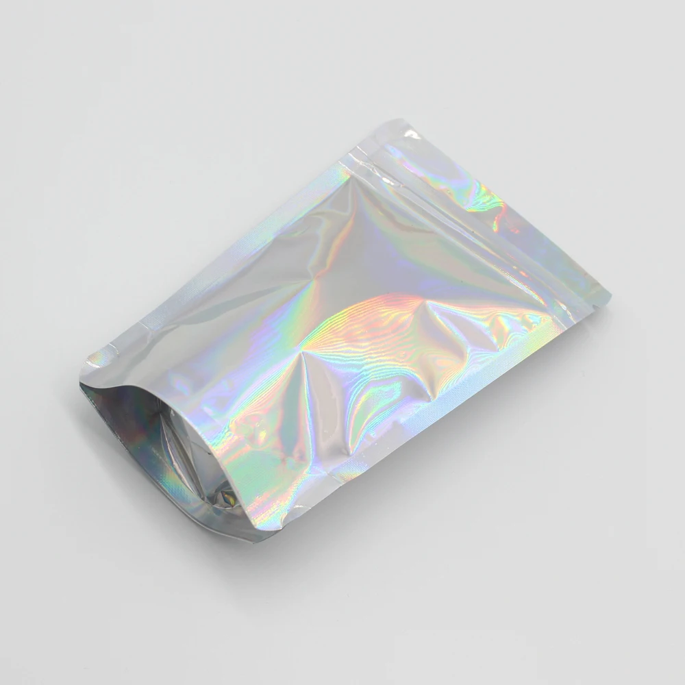 Thick 50pcs Aluminum Foil Laser Zip Lock Pouch Clear Hologram Rainbow Stand Up Zip Lock Plastic Packaging Bag with Tear Notch 2