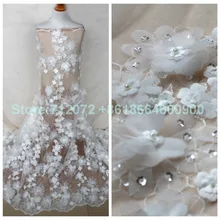 New Off – blanc / rouge / vert / lumière bleue à la main 3D fleurs perles paillettes filet de mariage / evinging / spectacle robe en dentelle tissu