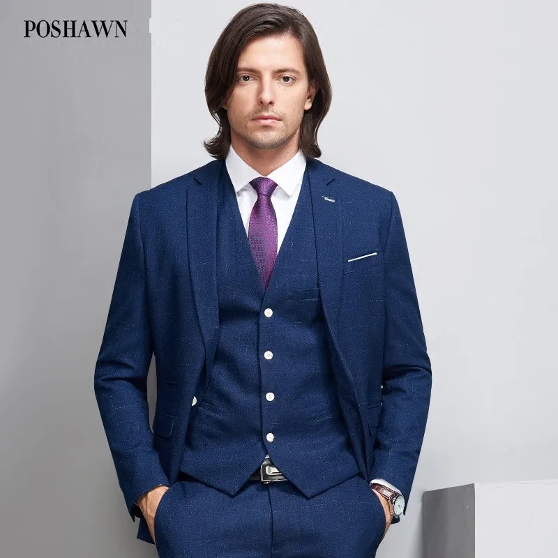 Poshawn синий Slim Fit Для мужчин Нарядные Костюмы для свадьбы 2018 марки для Para Hombre жениха Для мужчин Костюмы Набор смокингов Бизнес одежда