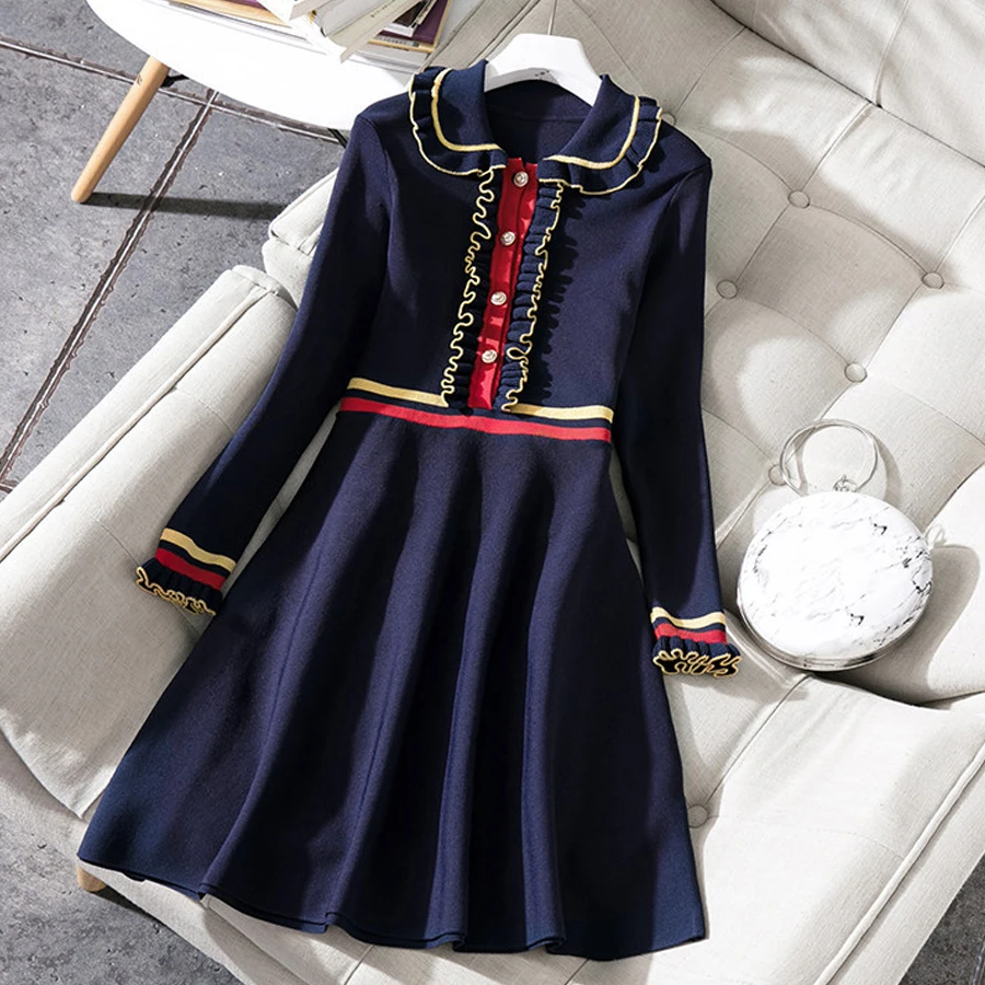 

VERDEJULIAY Runway Knitted Dress 2019 Summer Autumn Fashion Long Sleeve Ruffles Contrast Color Knee-Length Office Dress Women