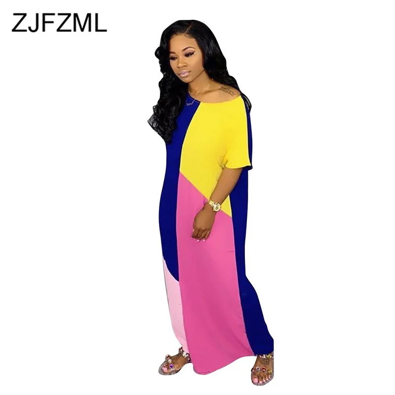 

Contrast Color Patchwork Bohemian Dress Women O Neck Short Sleeve Long Maxi Beach Dresses Streetwear Loose Plus Size Robe Femme