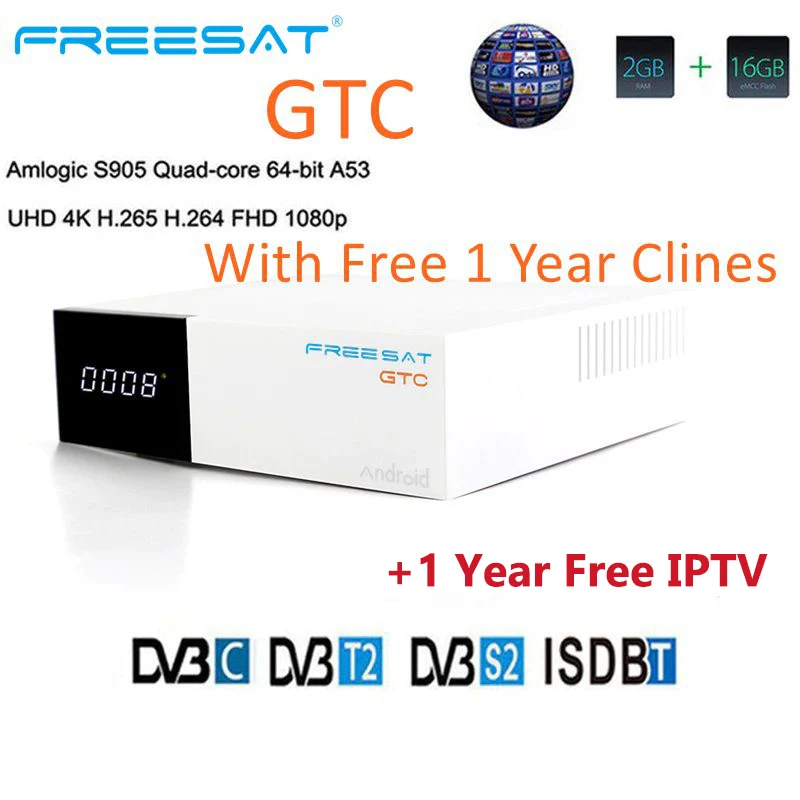 

FREESAT GTC Android 6.0 Smart TV BOX S905D 2G DDR3 16G EMMC ROM satellite TV Receiver 4K 3D H.265 Wifi media player play store