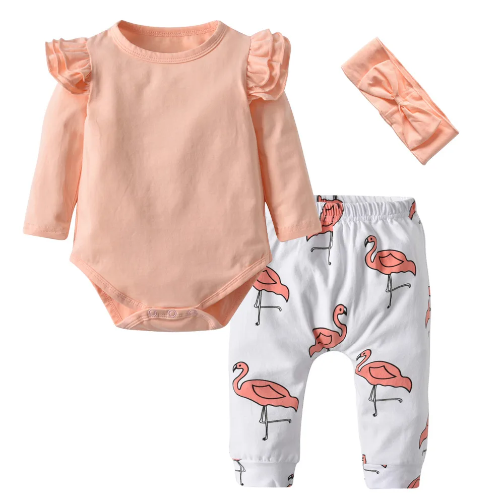 Симпатичная одежда для маленьких девочек Дети футболки+ Фламинго брюки с принтом+ повязка на голову для новорожденного, для малыша девушки Костюмы набор