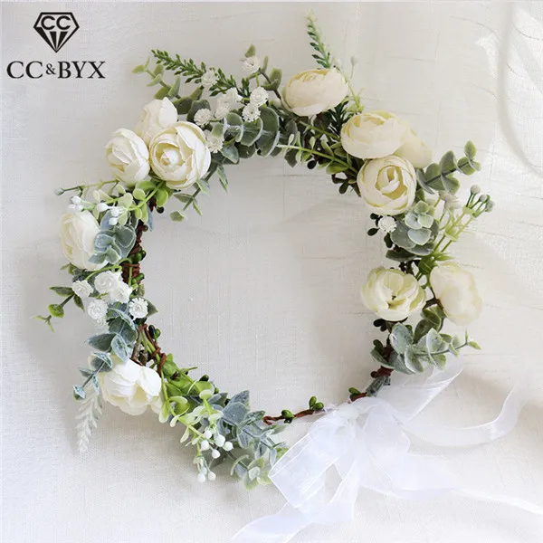 CC Garland Wreath Crown Hairbands Handmade Wedding Hair Accessories For Women Bridal Bridesmaids Girls Seaside Rose mq046 - Окраска металла: white