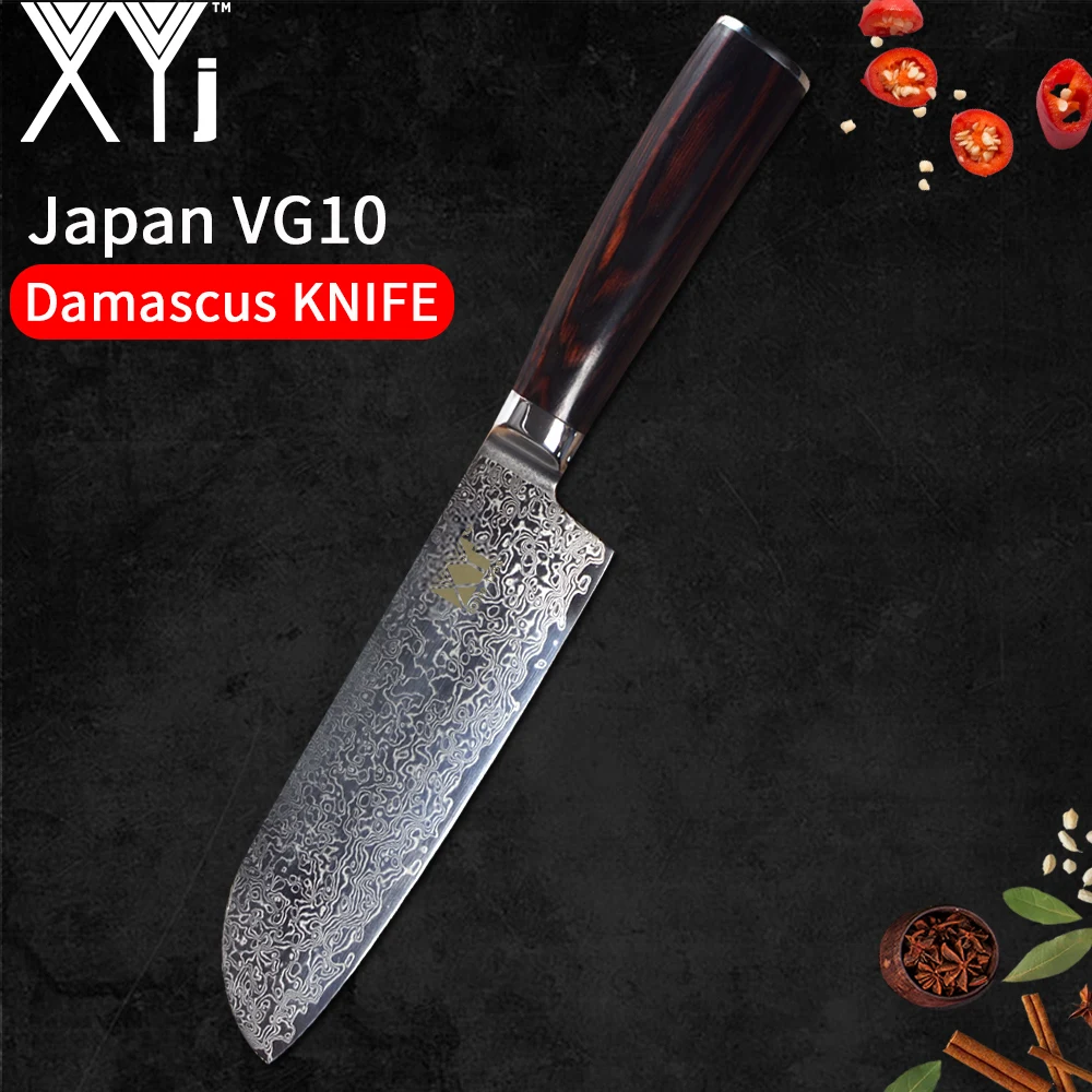 

XYj Handmade Damascus Knife Beauty Pattern 67 Layers VG10 Damascus Steel 7 inch Santoku Knife Color Wood Handle Kitchen Knives